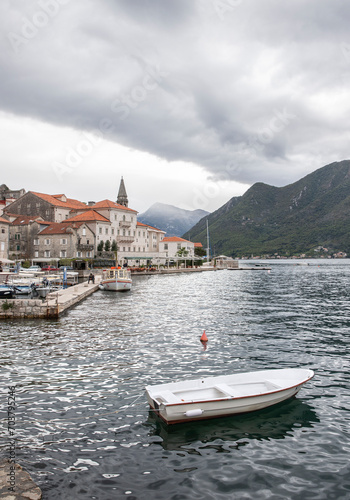 View of the old town and boats in the city of Perast Montenegro © Kateryna