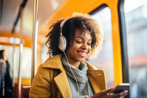 Happy young African American woman passenger listening music via smart mobile phone in a train, Smile female wearing wireless headphones while moving in the tram, lifestyle, transportation. Generative