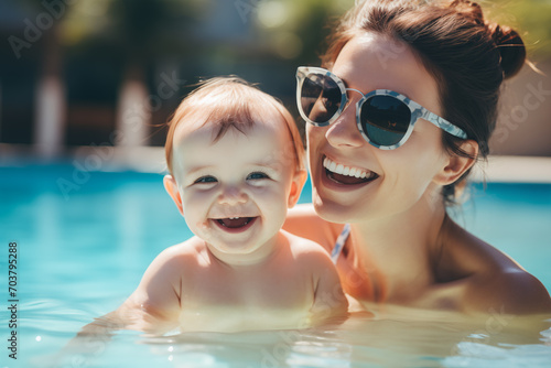 Portrait of smiling mother and her baby in swimming pool in sunny day, happy family summer vacation joyful and optimistic atmosphere. Generative AI