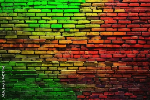Abstract neon green red painted colored damaged rustic brick wall brickwork stonework masonry texture background