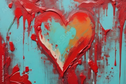 Closeup of abstract painting of red heart with oil or acrylic brushstroke and dripping color, pallet knife paint on mint blue canvas texture background, love