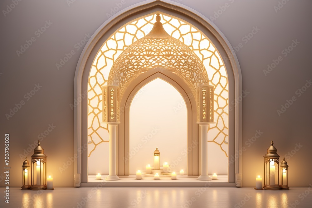 Islamic display podium decoration background with mosque, lantern, crescent cartoon style, ramadan kareem, Generative Ai.