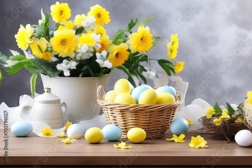 Easter holiday celebration banner greeting card banner with easter eggs in a bird nest basket and yellow flowers on table