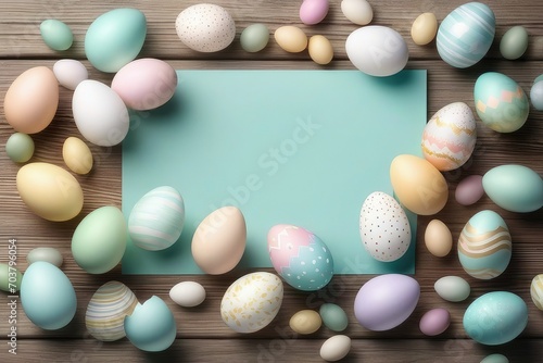 Easter holiday celebration banner greeting card with pastel painted eggs on bright wooden table texture