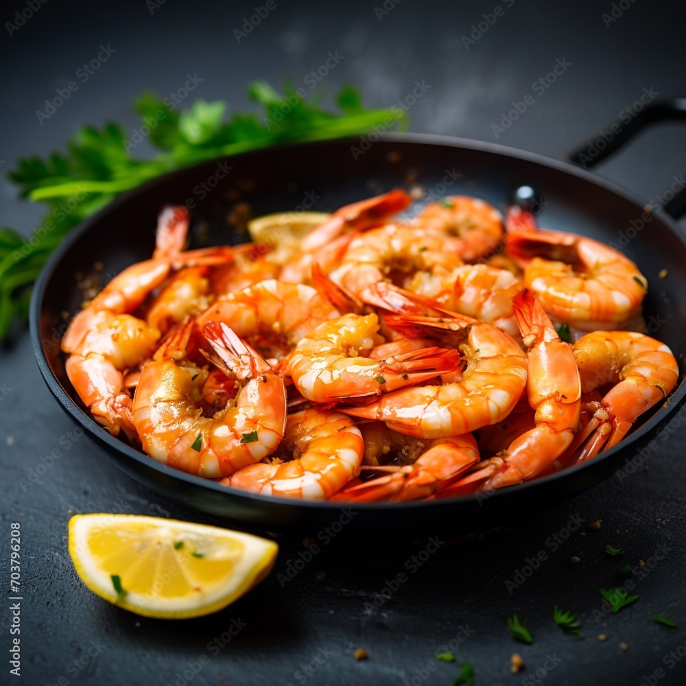 fried shrimps with lemon and parsley on a black background.AI. fried shrimps with lemon and parsley on a black background.AI.