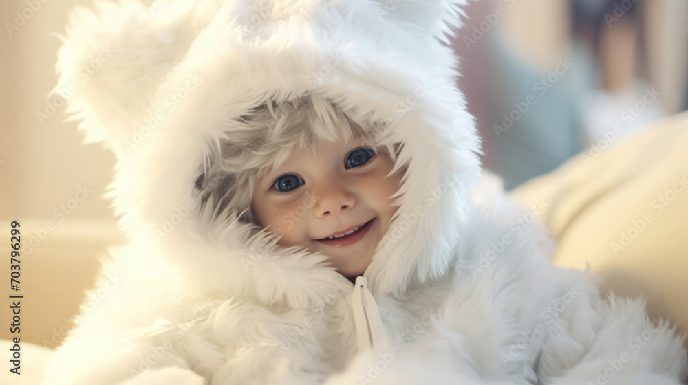 A darling baby in a fluffy kitten costume, purring with happiness A darling baby in a fluffy kitten costume, purring with happiness