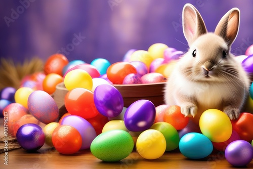 Funny easter concept holiday animal celebration greeting card - Cute little easter bunny, rabbit sitting in many colorful painted esater eggs © ramses