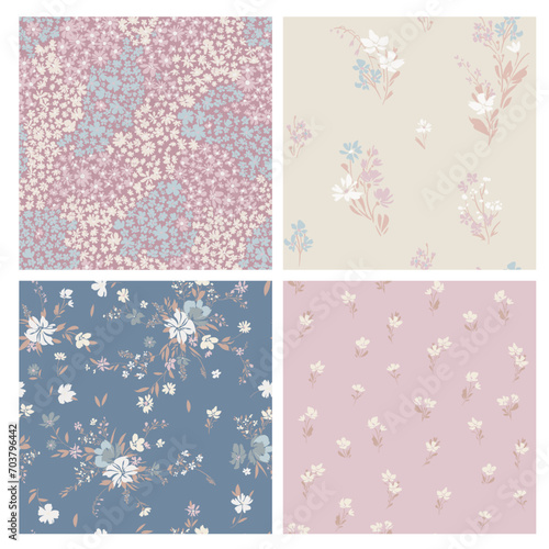 Contemporary spring floral pattern with natural flowers on suburban lawn for digital texture and dress in millefleur style ,ornate vector template