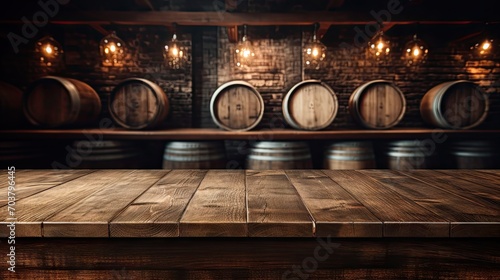 Table background with free space for your wine and background with barrels, empty surface of wooden table in bar with wooden barrels photo