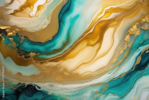 Natural luxury abstract fluid art painting in alcohol ink technique. Tender and dreamy wallpaper. Mixture of colors creating transparent waves and golden swirls.