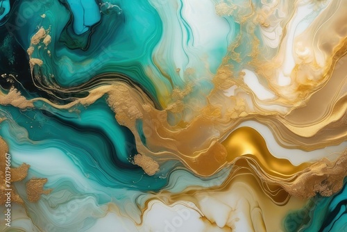 Natural luxury abstract fluid art painting in alcohol ink technique. Tender and dreamy wallpaper. Mixture of colors creating transparent waves and golden swirls.