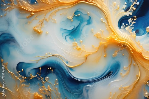 Natural luxury abstract fluid art painting in alcohol ink technique. Tender and dreamy wallpaper. Mixture of colors creating transparent waves and golden swirls.