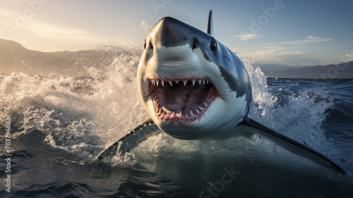 The shark, seen from the front, with its mouth open and sharp teeth visible photo
