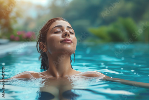 Beautiful young woman relaxing in spa swimming pool