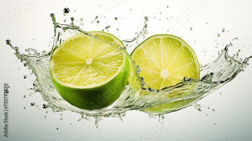 Slices of lime in a splash of water isolated