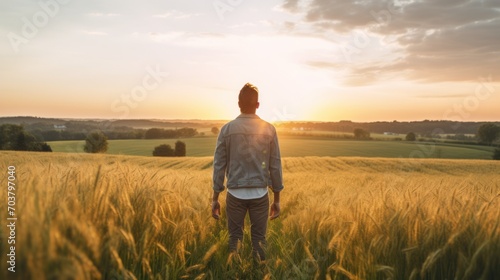 rear view carefree freedom successful male standing confident looking at the end of skyline in the grass field meadow landscape summertime sunset moment nature background © Andrey