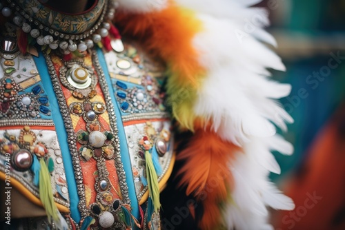 ornate costume details with feathers and beads
