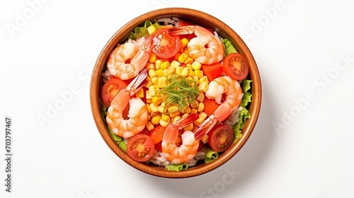 Shrimp poke. Bowl with edamame beans, corn, cucumber, beans. View from above. White background. Culinary dish for restaurant menu