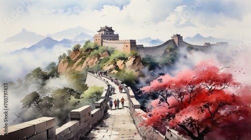 tourists visiting the great wall of china