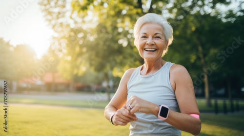 smiling senior woman with smart watch or tracker exercising outside © Andrey