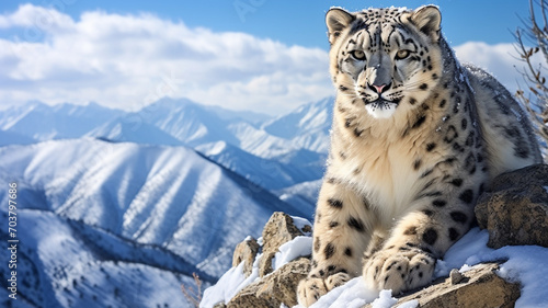 Graceful snow leopard stalking prey in snow-covered Himalayas