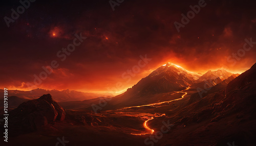 Dark background with glowing ember-like accents in deep red, orange, and gold, conveying a sense of warmth and tranquility inspired by a nightfall glow © thisisforyou