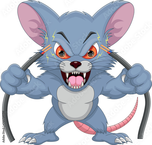Angry mouse cut the power cable cartoon