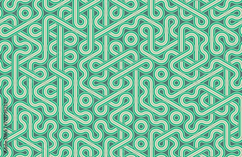 Wavy tangled lines seamless pattern. Retro green colors. Hexagonal Truchet, creative coding computational design.