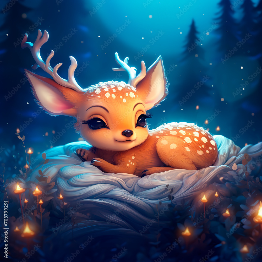 A cute deer sleeping underneath a starry night sky. Generative AI A cute deer sleeping underneath a starry night sky. Generative AI