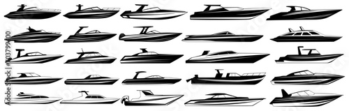 Set collections black speed boat silhouette icon. Glossy boat design vector Illustration