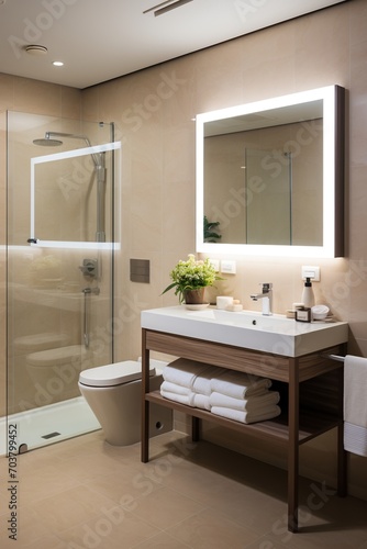 Modern bathroom interior with beige tiles and large mirror