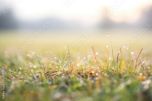 close-up of dew on grass with fog blurred background