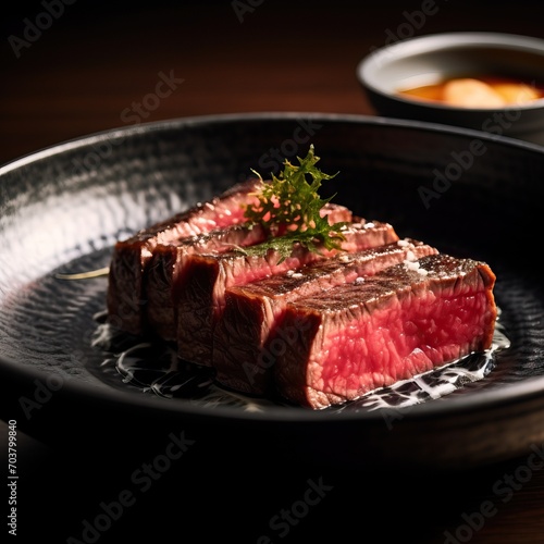 Takeshi Mizukoshi professional close-up food photography of wagyu beef served on an expensive Japanese style ceramic plate, high-end Japanese restaurant, studio lighting, unsplash photo