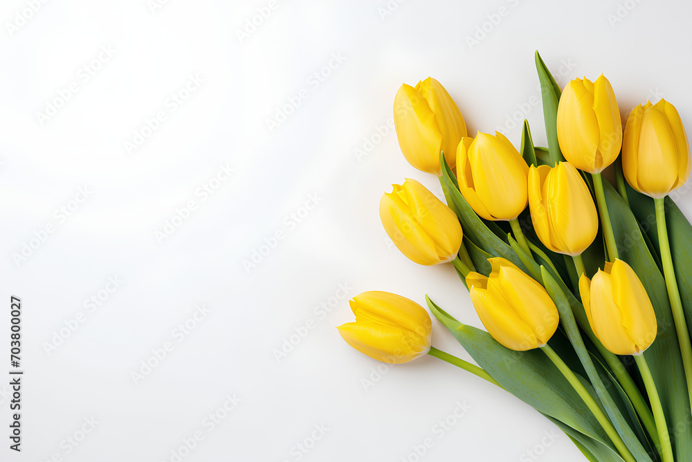 Yellow tulips craft paper on white background, March 8 and Women's Day, birthday, Mother's day concept banner with copy space for text Yellow tulips craft paper on white background, March 8 and Women's Day, birthday, Mother's day concept banner with copy space for text