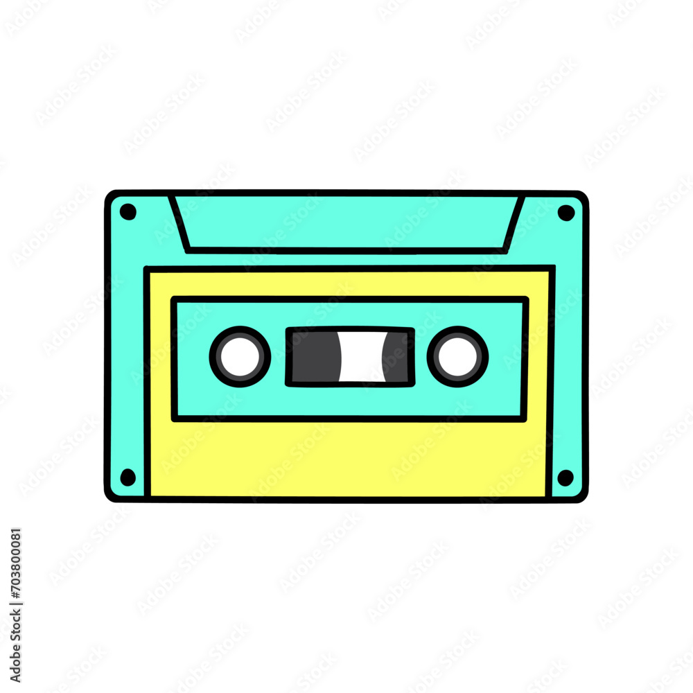Retro Audio Cassette. Audio tape with music record. 90s musical equipment. Pop culture Y2K. 90s style hand drawn vector