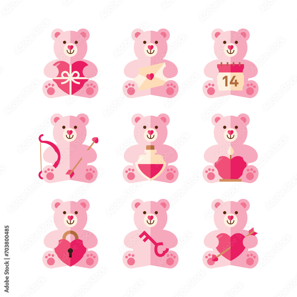 Valentine's day design elements. Cute teddy bear in Pastel modern geometric style. Valentines cartoon vector illustration for card decoration. Love, heart icon symbol for Vday. Valentine ornament.