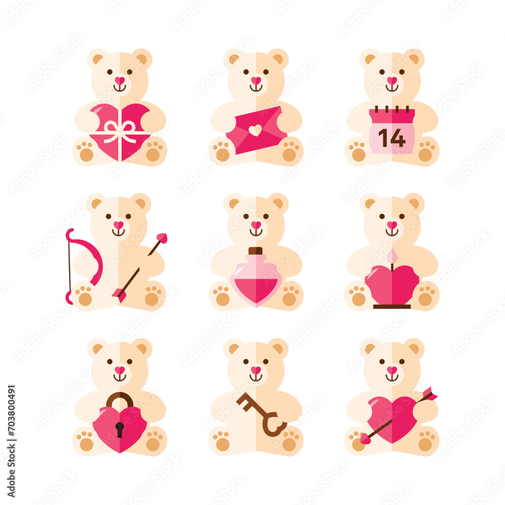 Valentine's day design elements. Cute teddy bear in Pastel modern geometric style. Valentines cartoon vector illustration for card decoration. Love, heart icon symbol for Vday. Valentine ornament.