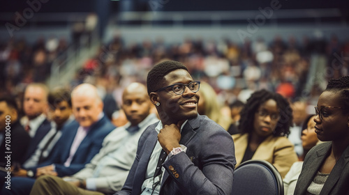 Confident black businessman. Black business man as a seminar attendee asking question while sitting in audience.