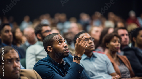 Confident black businessman. Black business man as a seminar attendee asking question while sitting in audience.