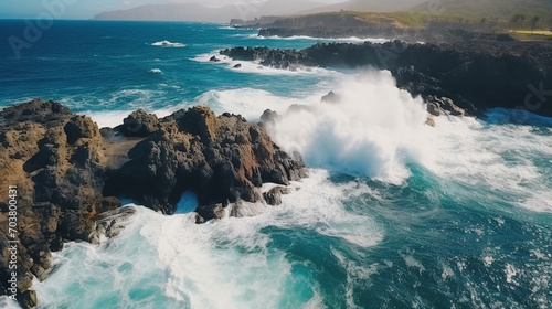 Drone view of coastal sea or ocean and strong rocky cliff