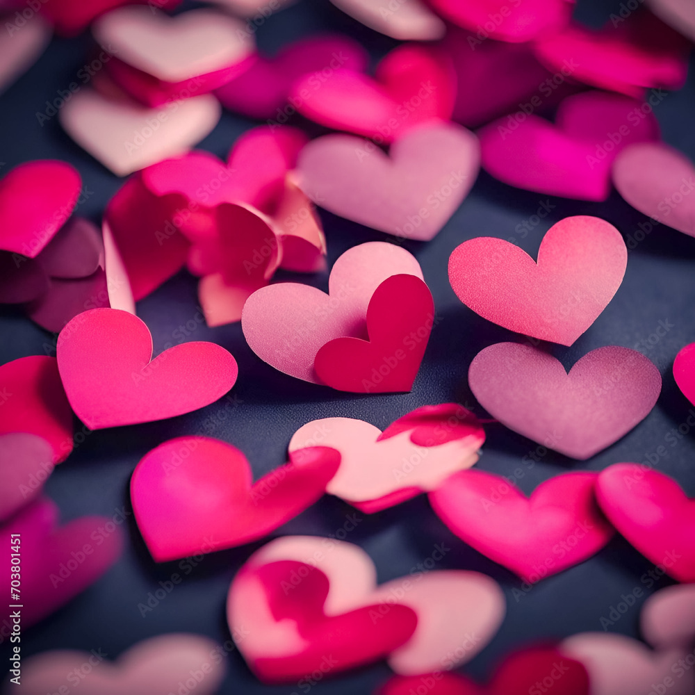 Close-up of scattered red and pink paper hearts on a dark background, suitable for Valentine's Day or love-themed designs.