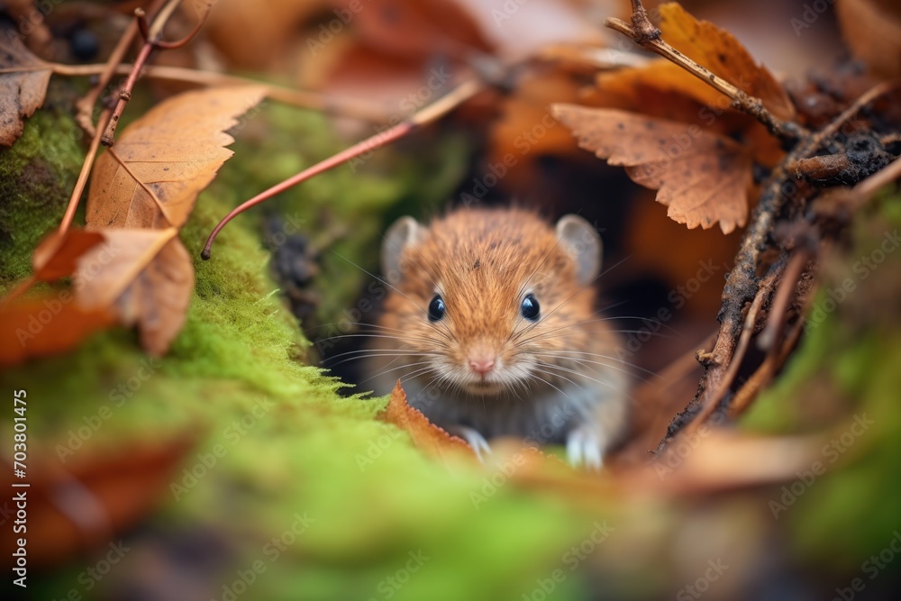 vole arranging leaves in underground burrow vole arranging leaves in underground burrow