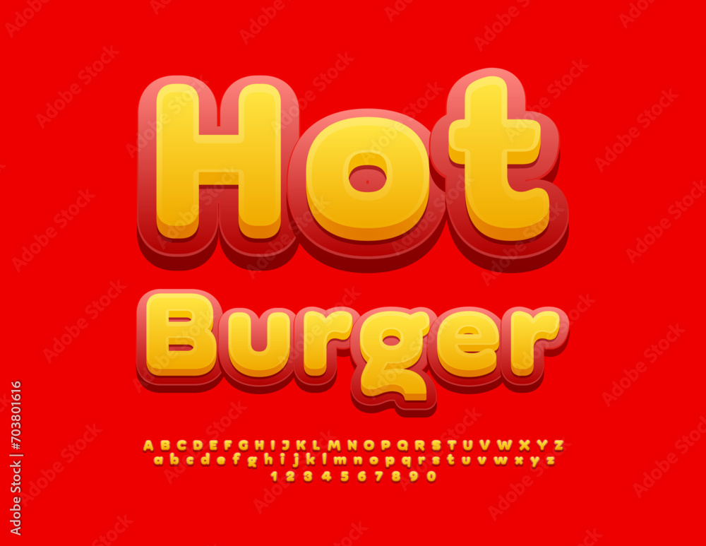 Fototapeta premium Vector advertising flyer Hot Burger. Bright creative Font. Modern cute Alphabet Letters, Numbers and Symbols set.