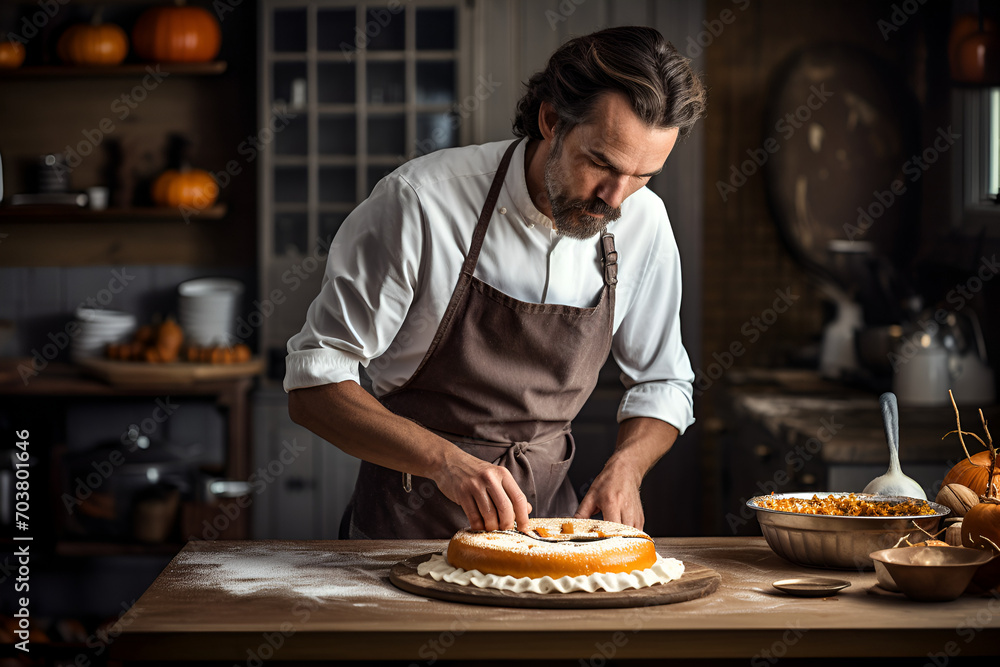 The middle-aged man making tasty pie in the kitchen The middle-aged man making tasty pie in the kitchen