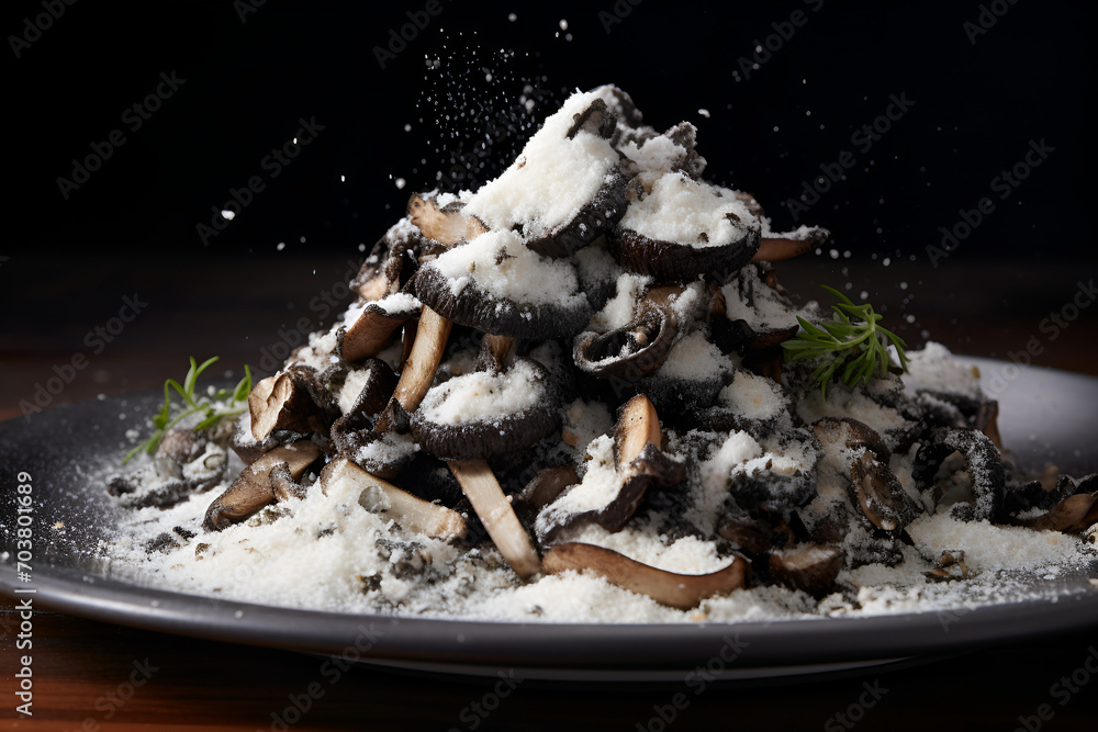 The plate of fried mushrooms with grated cheese The plate of fried mushrooms with grated cheese