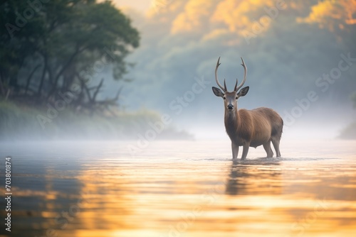 waterbuck in misty river landscape at dawn photo