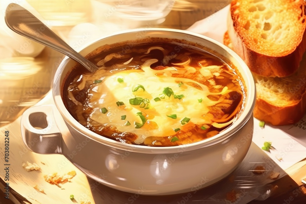 Delicious onion soup with croutons in a plate on the table. French cuisine. Delicious onion soup with croutons in a plate on the table. French cuisine.