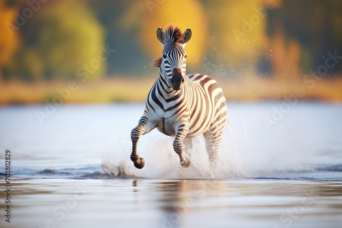 zebra kicking up water as it trots from lake