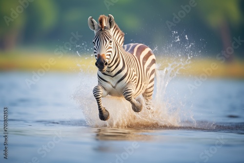 zebra kicking up water as it trots from lake © primopiano