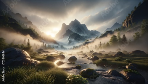 Majestic Misty Mountains at Dawn Landscape 3D Render Generated Image